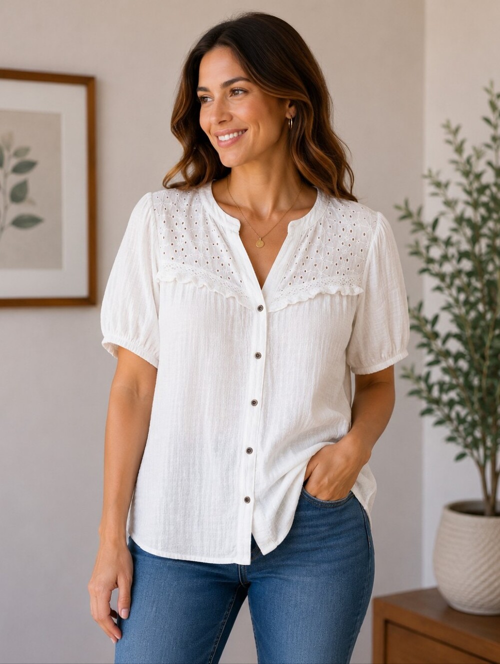 Knox Rose White Eyelet Yoke Button-Down Shirt